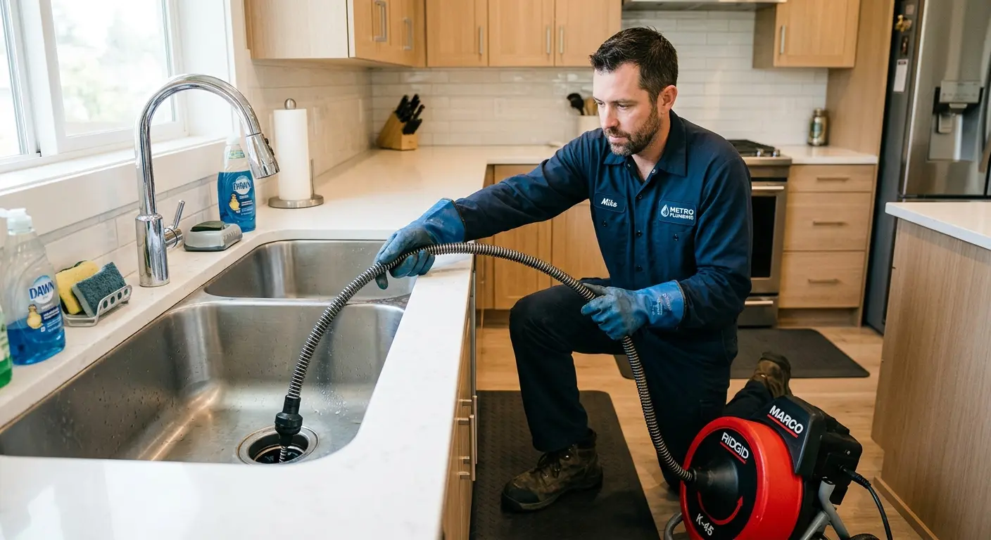 Drain cleaning technician using a motorized snake on a kitchen sink in Fargo