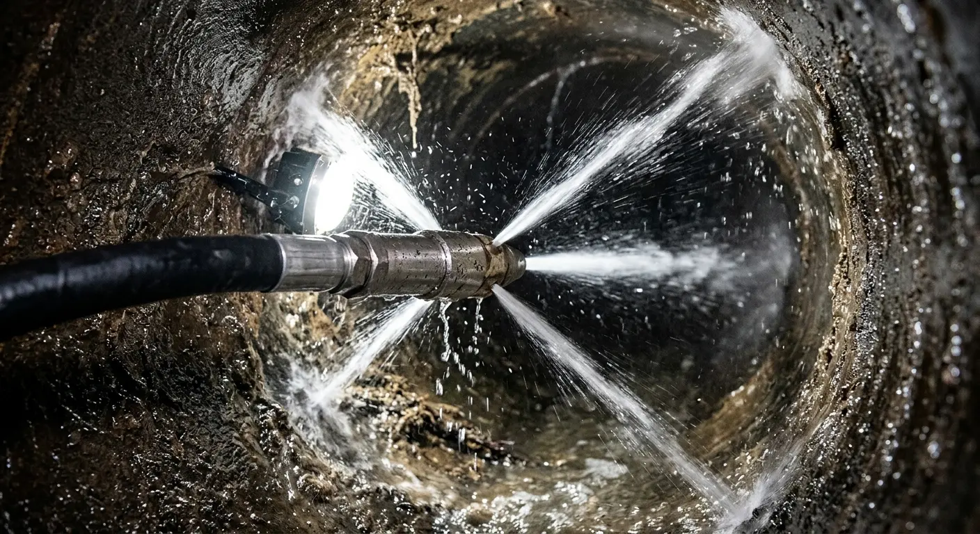 High-pressure hydro jetting nozzle cleaning sewer pipe for Sewer Cleanout in Fargo