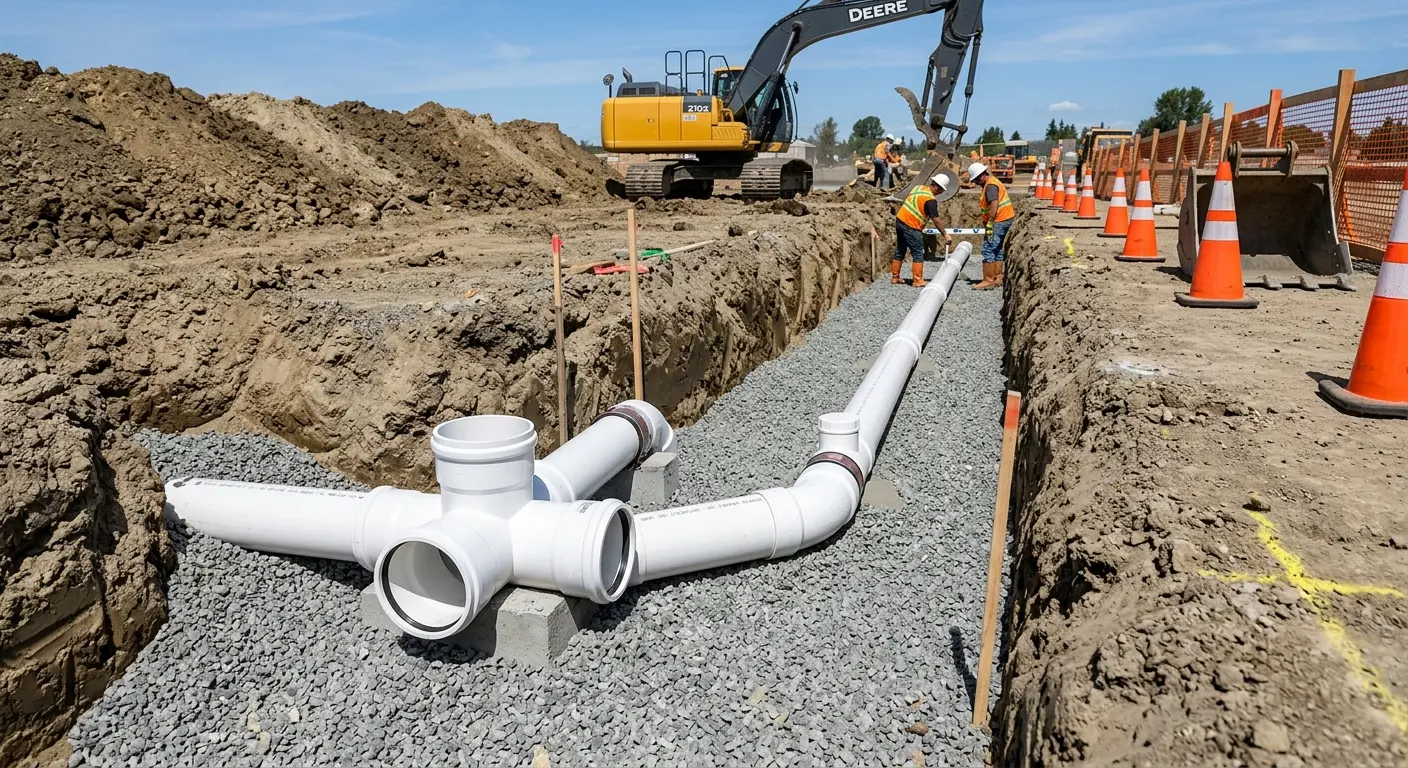 New PVC sewer pipe installation in open trench for Sewer Backup in Fargo
